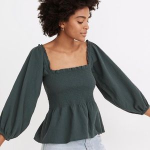 Madewell Lucie Smocked Peplum Top in Midnight Green